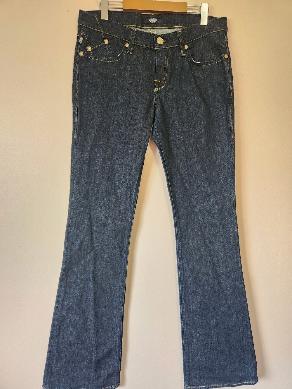 Rock & Republic Kasandra Dark Wash Gold Logo Y2K Retro Bootcut Jeans Sz 30